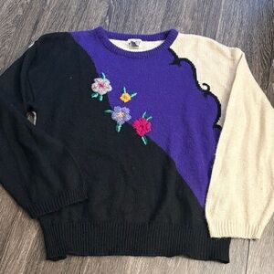 Vintage Colorblock Floral Embroidered Sweater